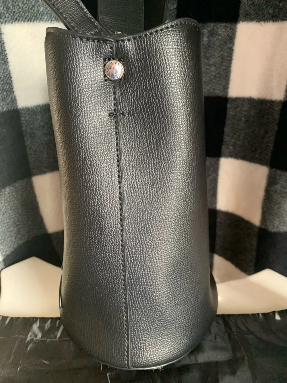 Karl Lagerfeld Black & Cream Leather Icon Drawstring Bucket Crossbody - Picture 6 of 10